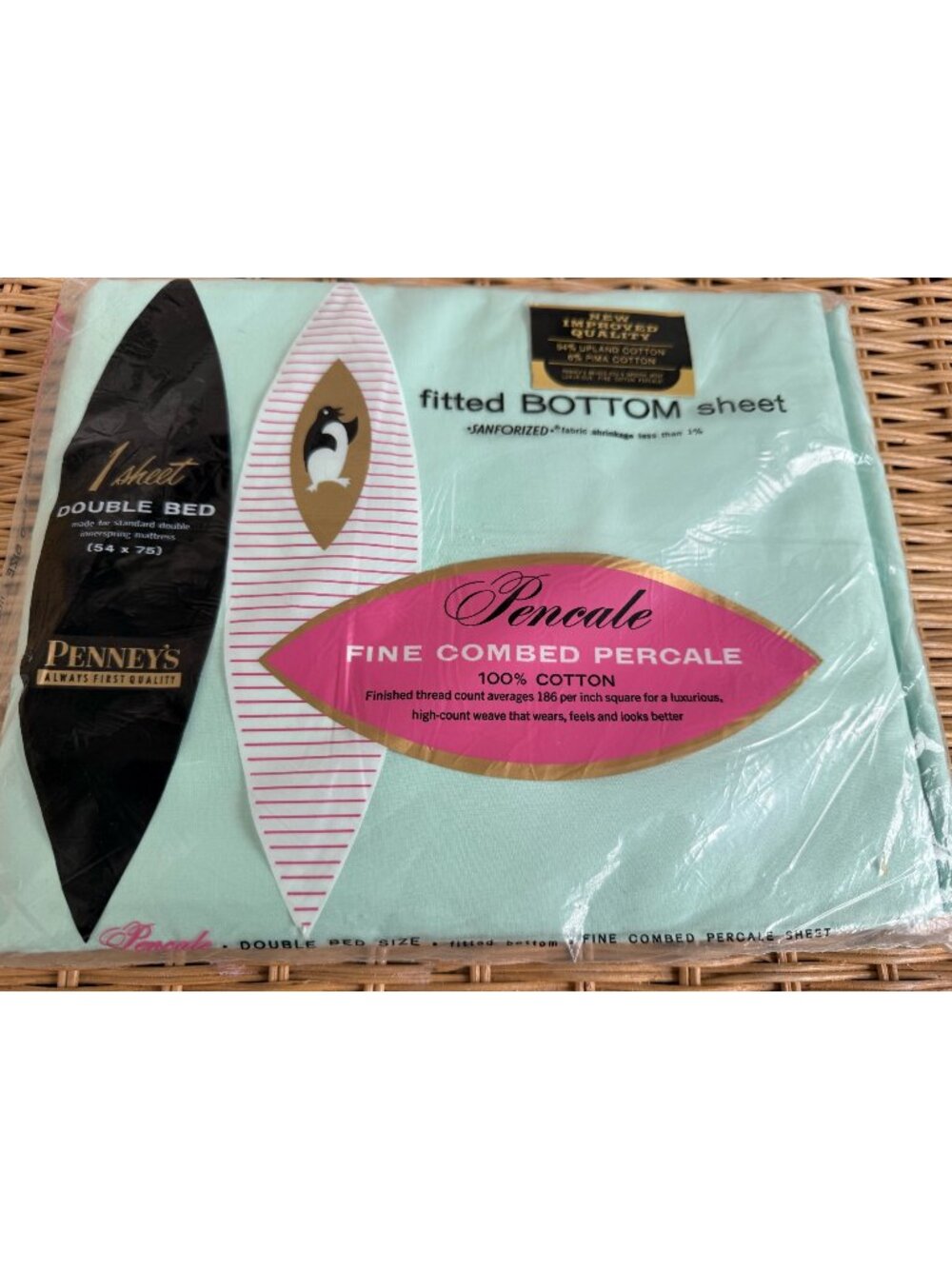 Vintage 60s Pennys Pencale Green Cotton Fitted Sheet 54x75" NOS Mint Green